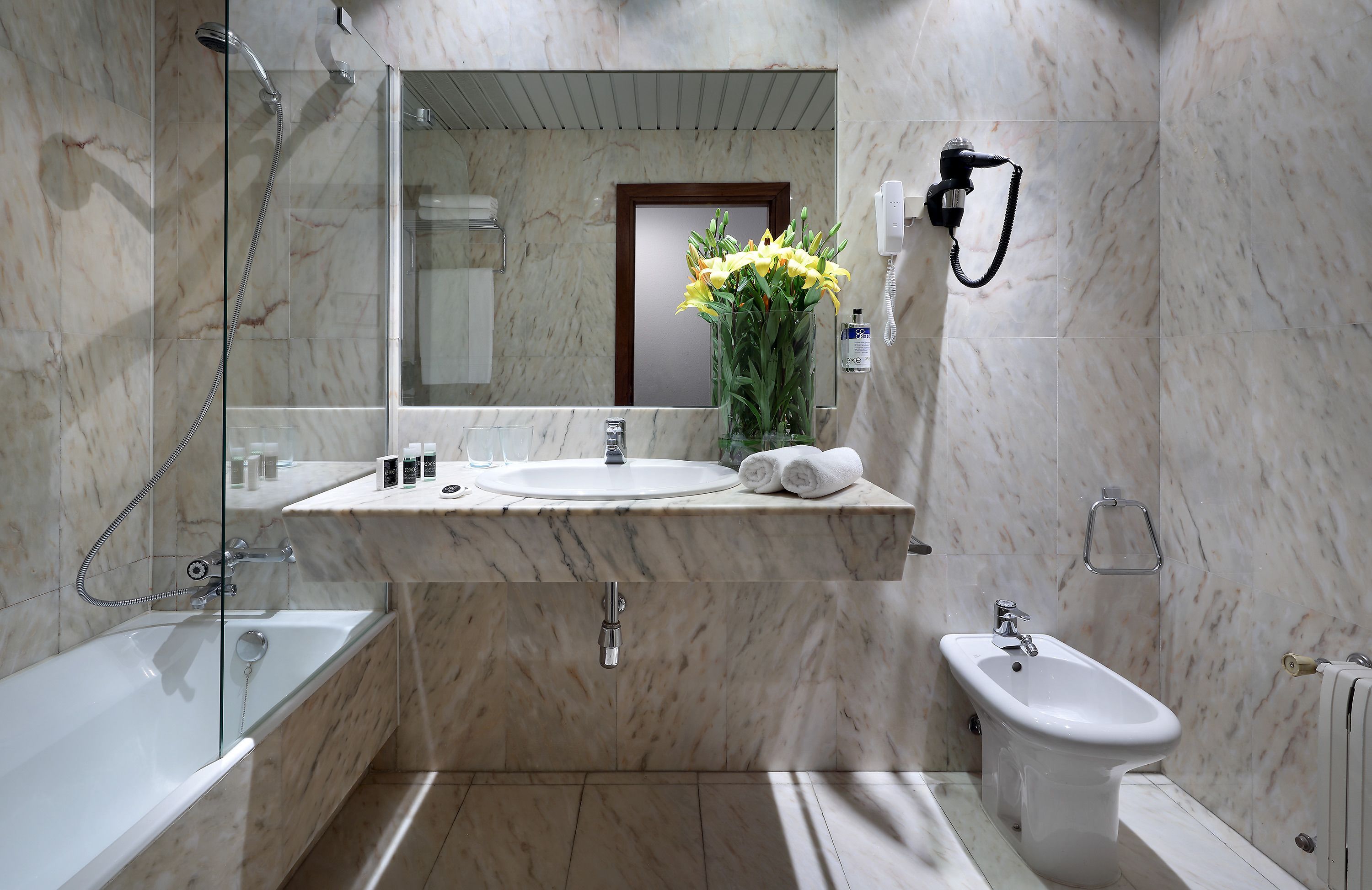 bathtub, designer toiletries, hair dryer, bidet