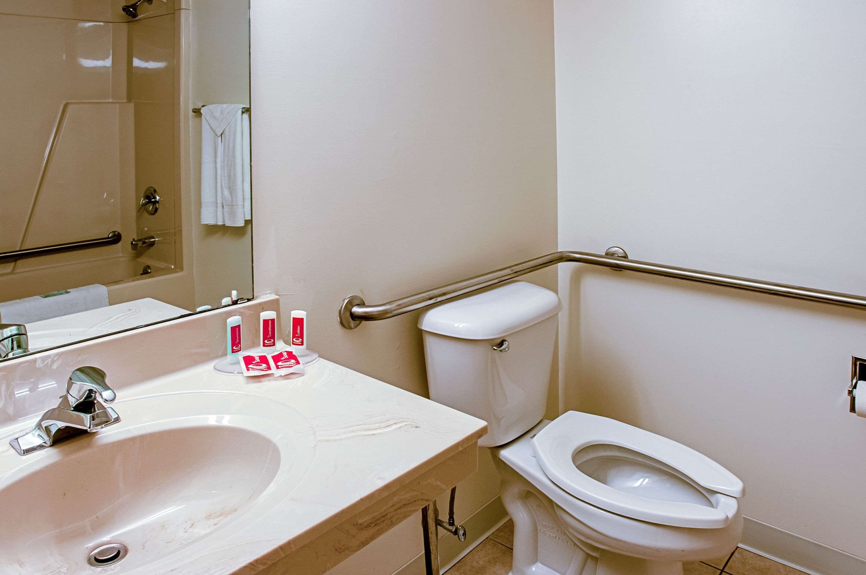 A bathroom with a sink, toilet, and handrails.
