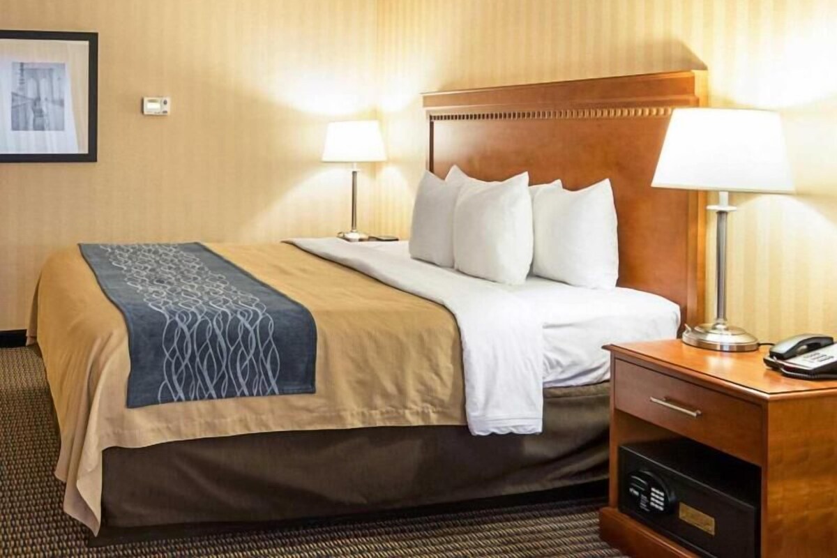 A hotel room with a bed, bedside lamps, a nightstand, and a wall-mounted thermostat.
