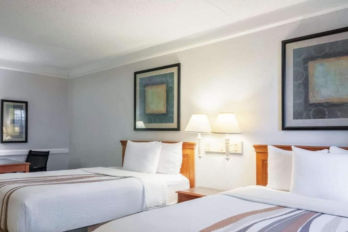 Premium bedding, desk, laptop workspace, iron/ironing board
