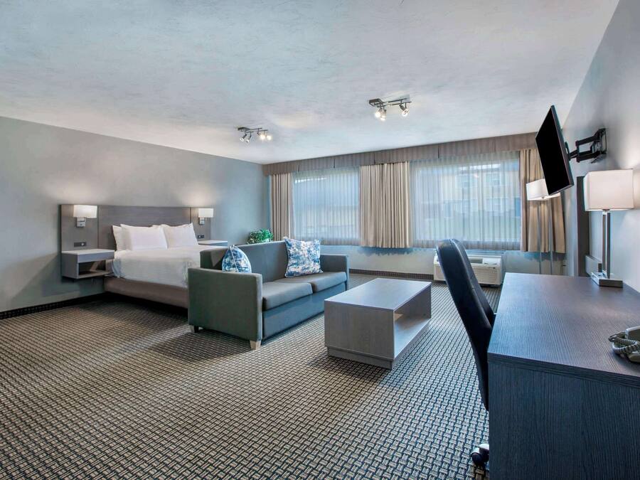 A hotel room with a bed, a sofa, a desk, and a TV.
