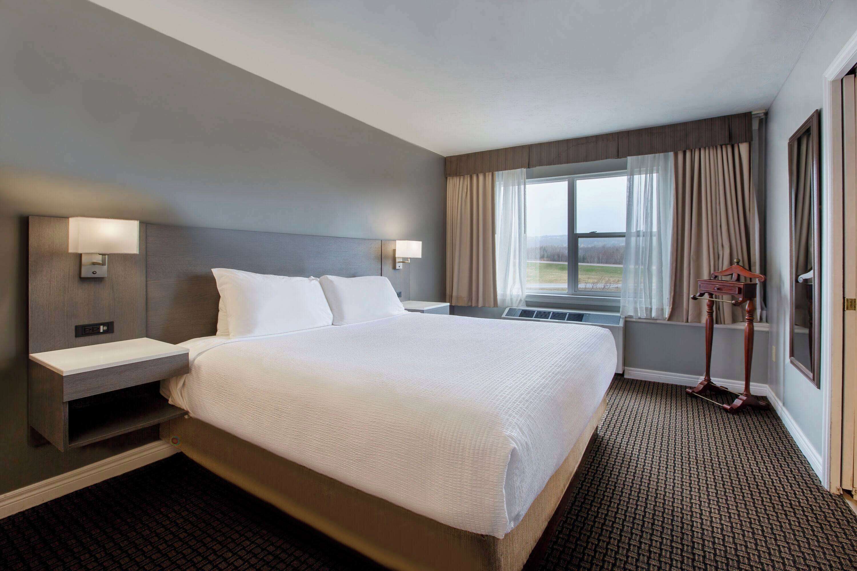 Habitación de hotel con una cama grande, una mesita de noche, una lámpara, una ventana con cortinas y vistas al exterior.