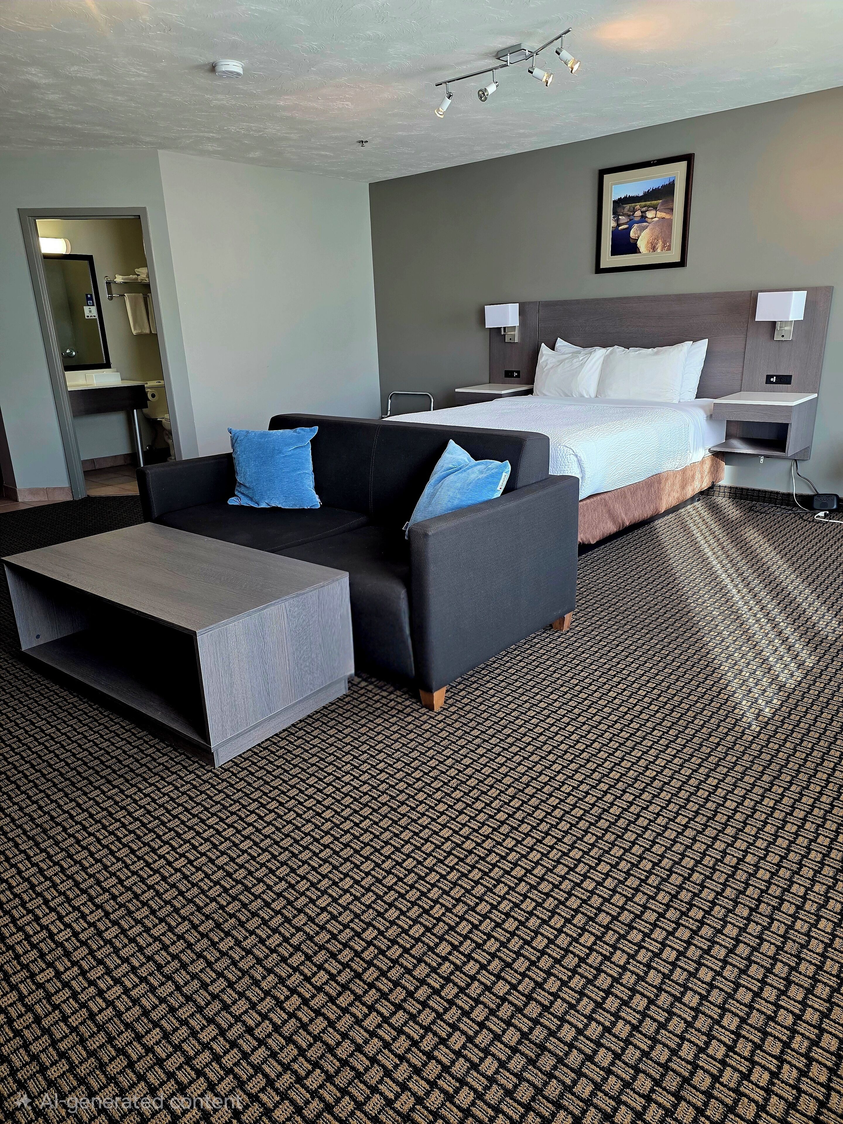 Une chambre d’hôtel avec un canapé, un lit, un bureau et une salle de bain visible à travers une porte ouverte.