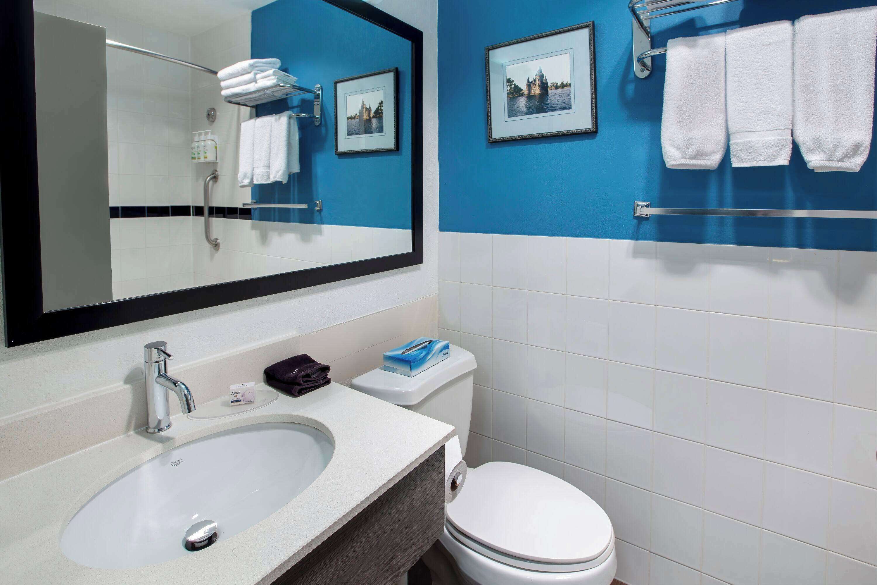 Un baño con un lavamanos blanco, un espejo, un inodoro y paredes azules.