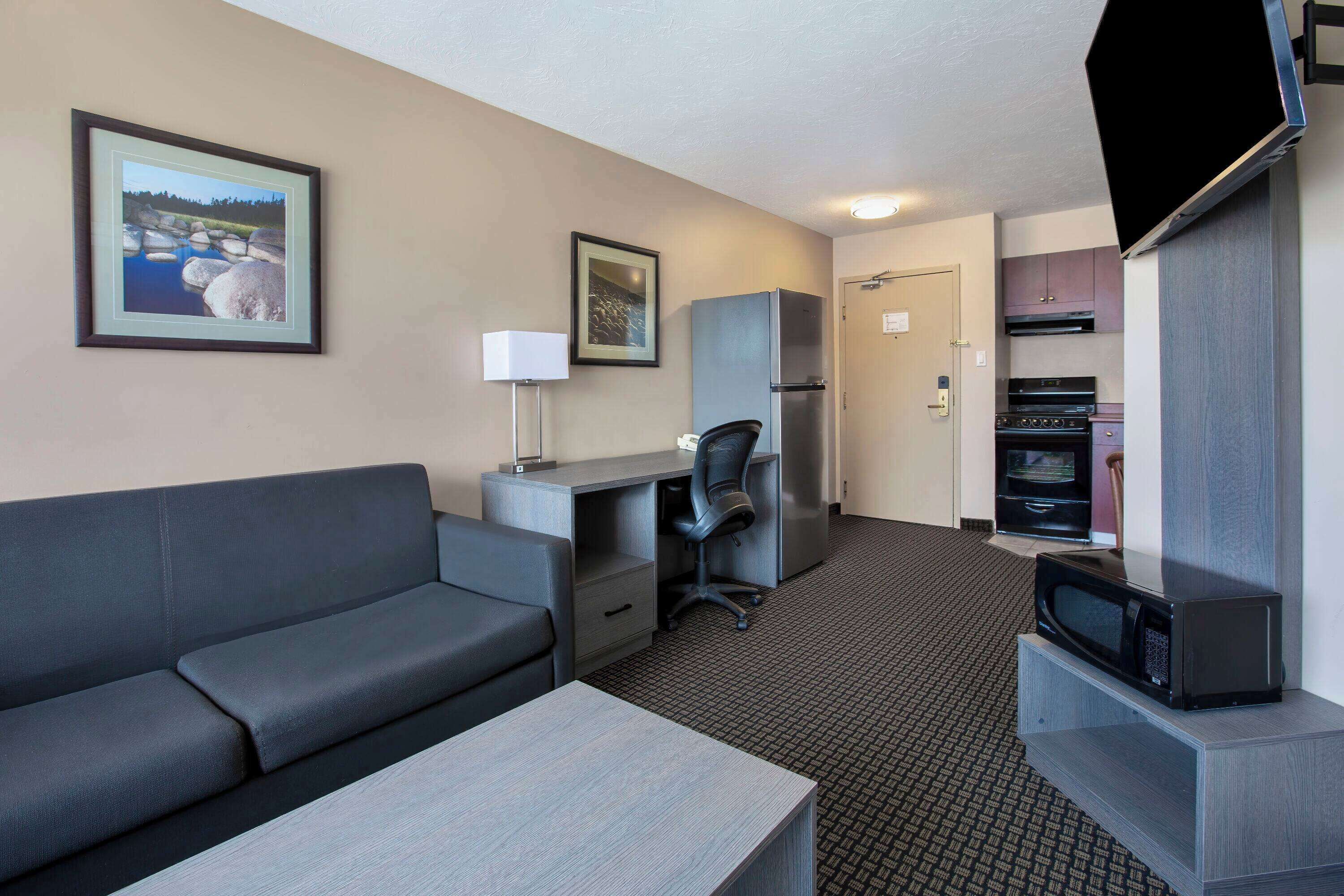 A hotel room with a gray sofa, a desk with a chair, a refrigerator, a microwave, and a framed picture on the wall.