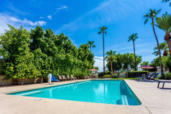 Una piscina al aire libre, tumbonas