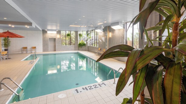 Una piscina interior con agua cristalina, rodeada de suelo de baldosas y techo con diseño lineal.