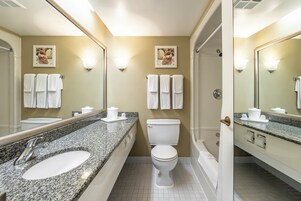 Un baño moderno con lavamanos de granito, inodoro y ducha.