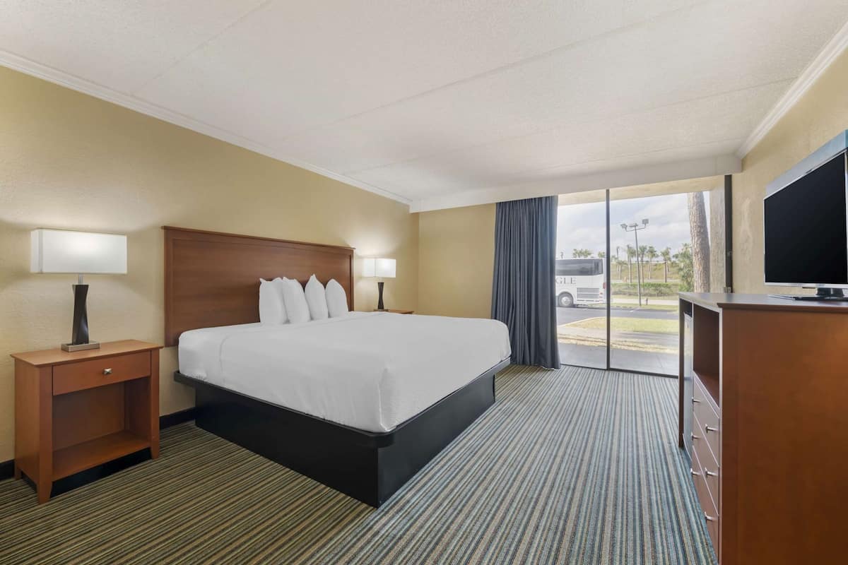 A hotel room with a bed, a desk, a television, and a view of the outside.