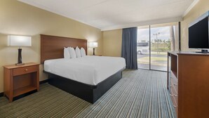 A hotel room with a large bed, two bedside tables with lamps, a TV, and a view of the parking area.
