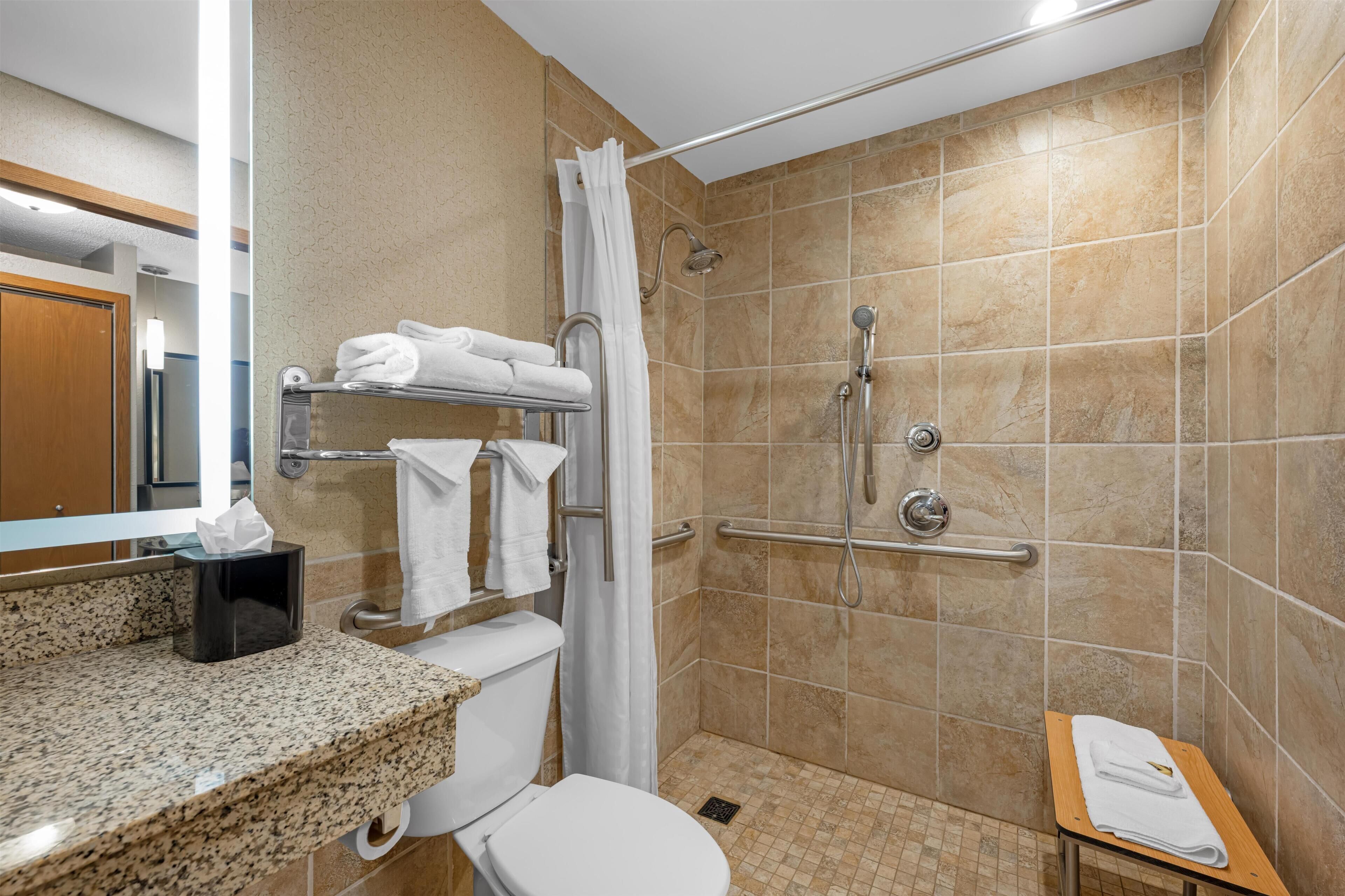Une salle de bain avec douche, toilettes et lavabo.