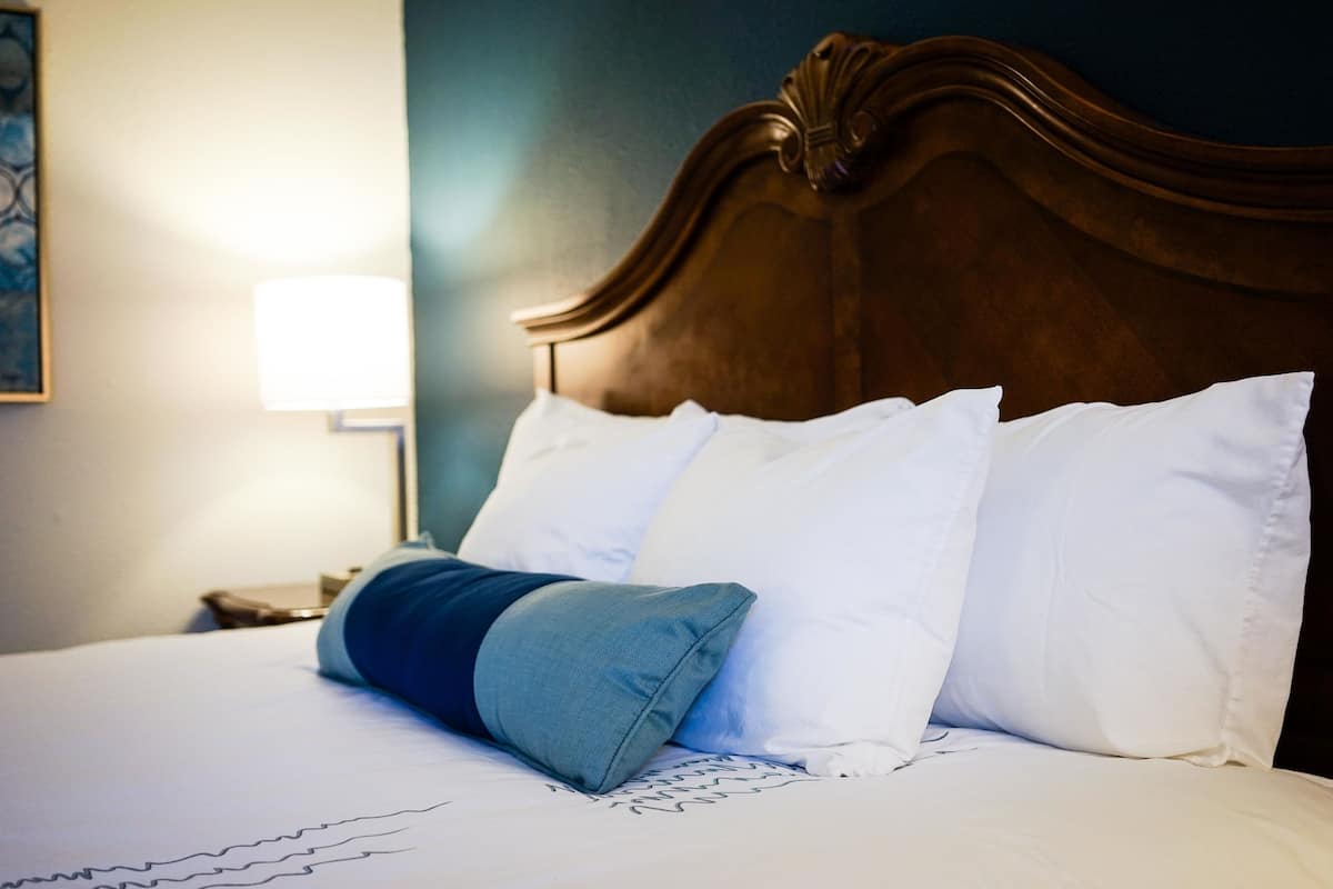 Premium bedding, pillowtop beds, desk, laptop workspace