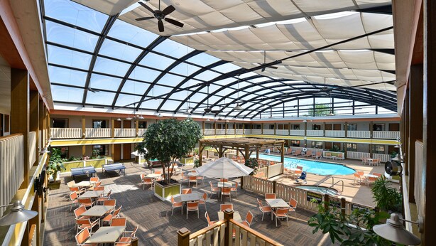 Un vaste espace intérieur doté d’une piscine, de plusieurs tables et chaises, et d’un grand arbre.