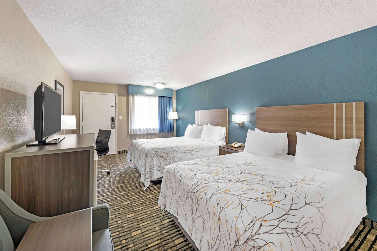 A hotel room with two beds, a desk, a TV, and a view of the hallway.