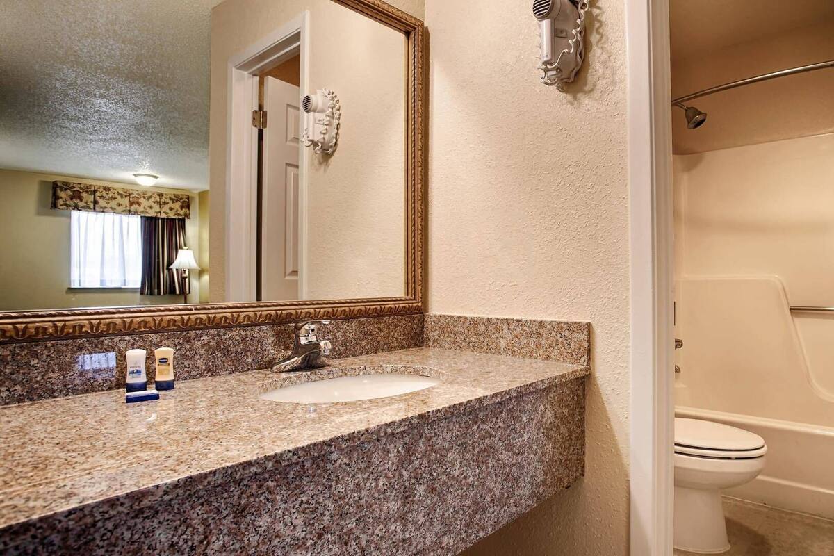 A bathroom with a granite countertop, a sink, a mirror, a shower, and a toilet.