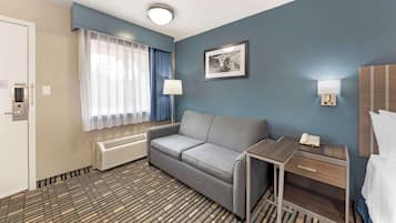Habitación de hotel con un sofá gris, una mesita de noche con lámpara, un cuadro enmarcado en la pared y una ventana con cortinas azules.