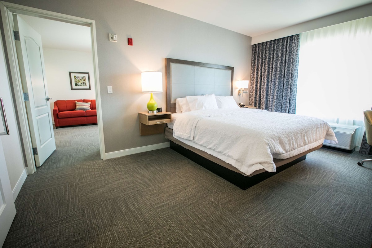 A hotel room with a large bed, a nightstand, a red couch, and a window with curtains.