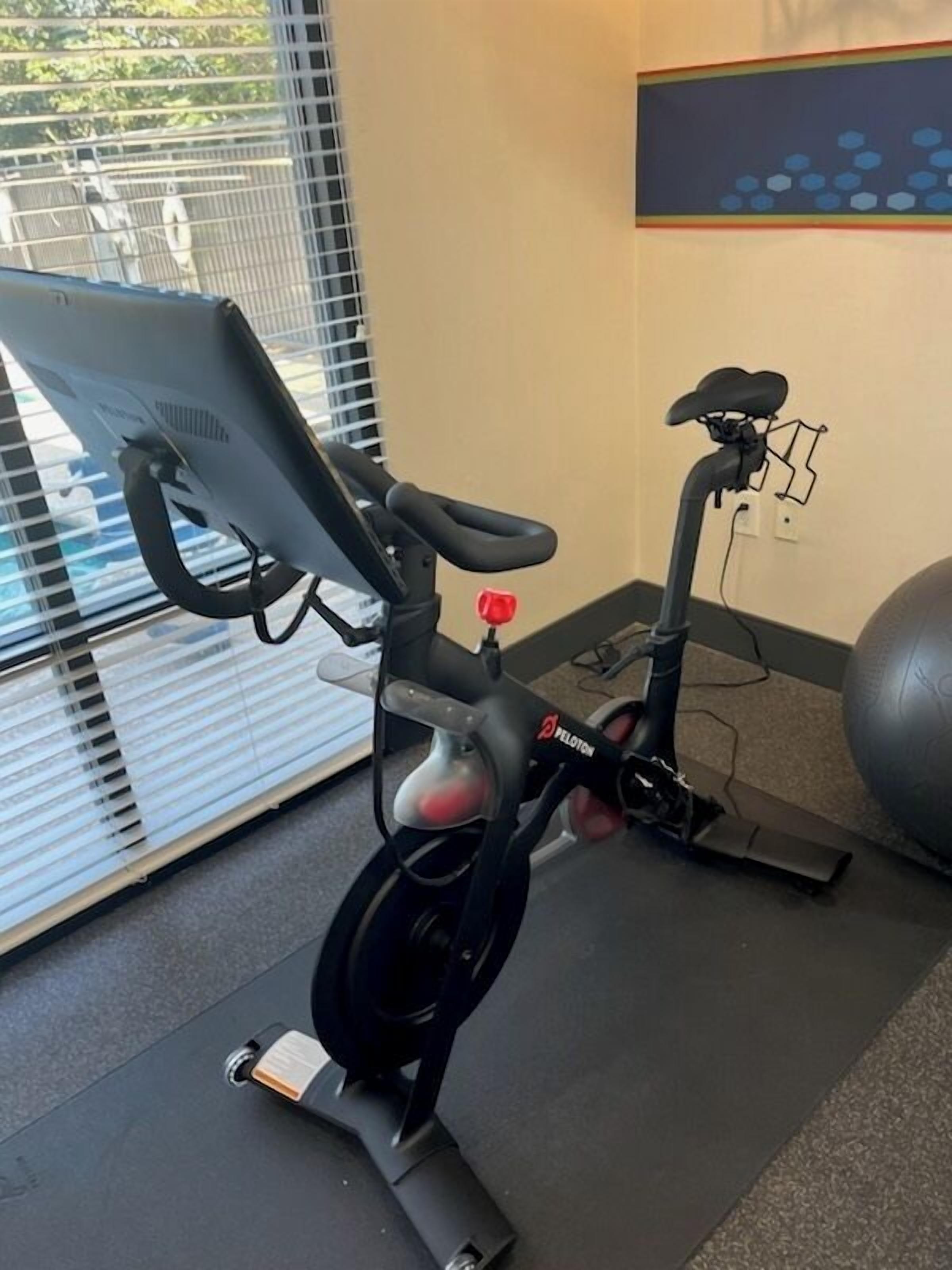 An exercise bike with a digital display, a stationary bike, and a large exercise ball in a room with a window and a painting on the wall.