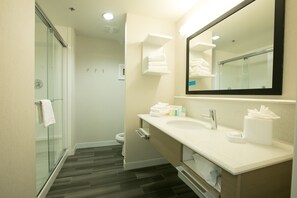 Combined shower/tub, eco-friendly toiletries, hair dryer, towels