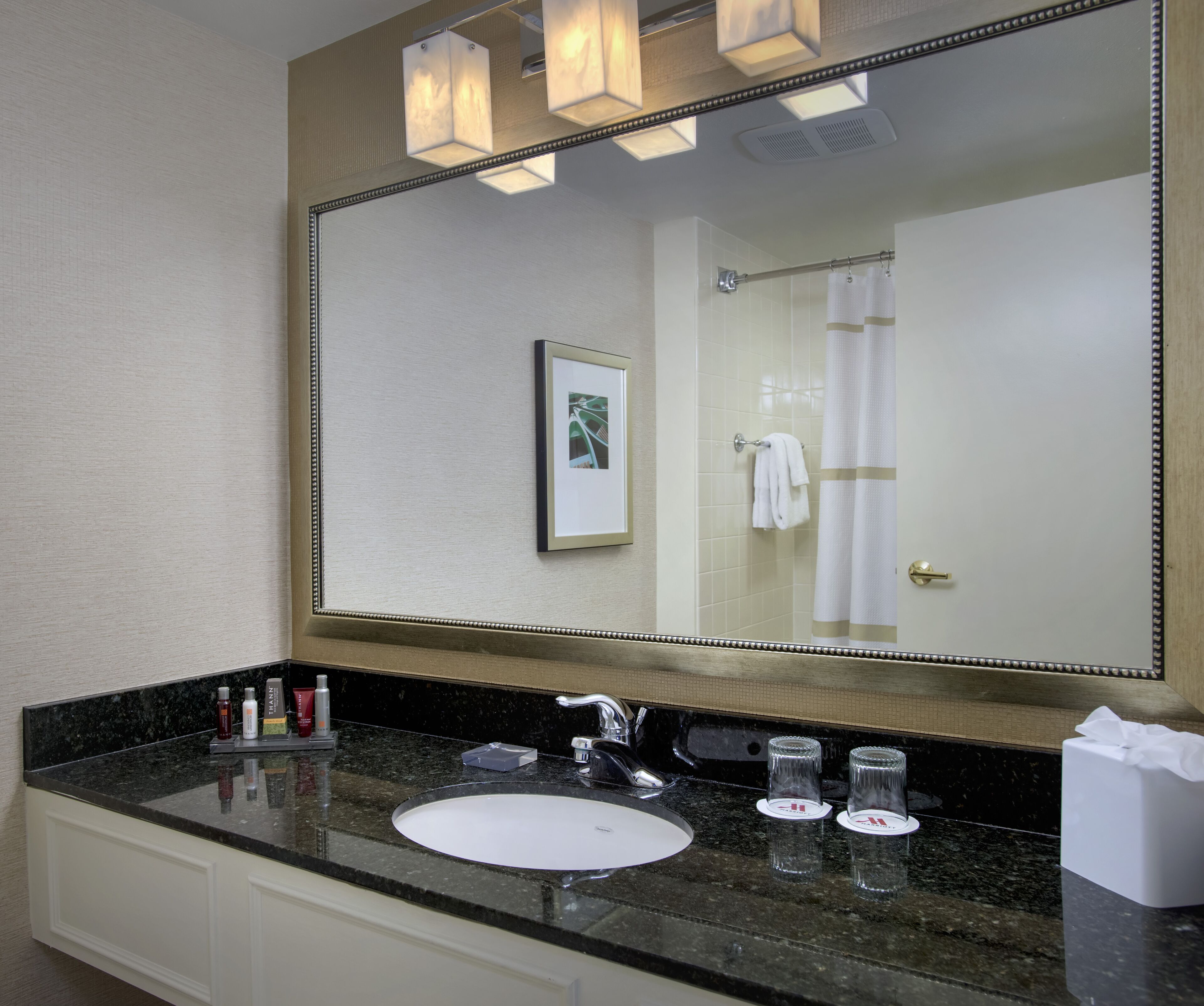 combined shower/bathtub, designer toiletries, hair dryer, towels