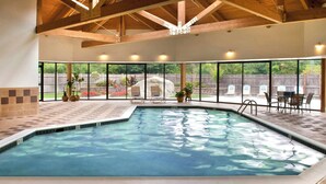Una piscina interior con suelo de baldosas, vigas de madera y vistas al exterior a través de amplias ventanas.
