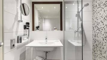 Shower, eco-friendly toiletries, hair dryer, towels