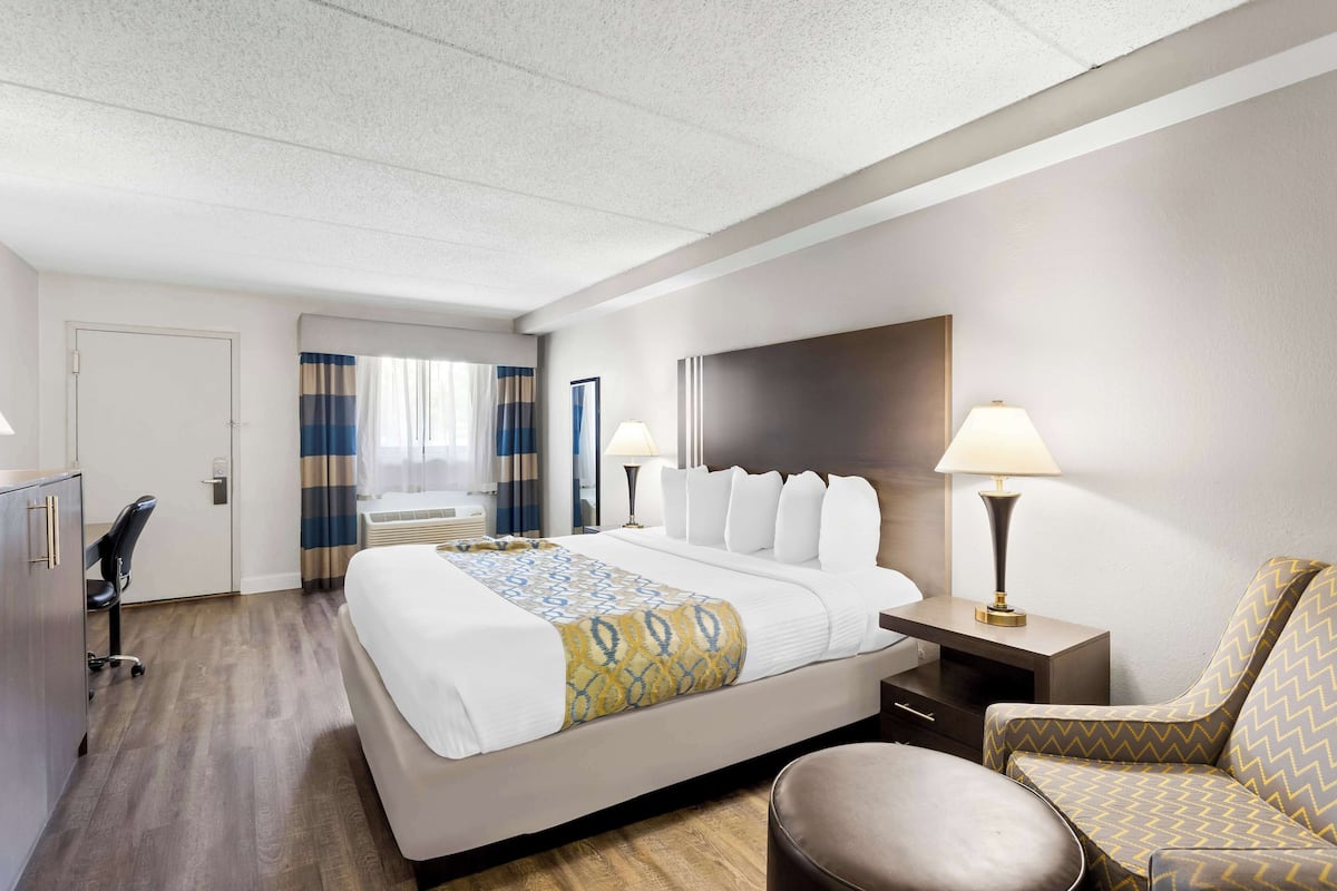 Une chambre d’hôtel avec un grand lit, un bureau, une chaise et un téléviseur.