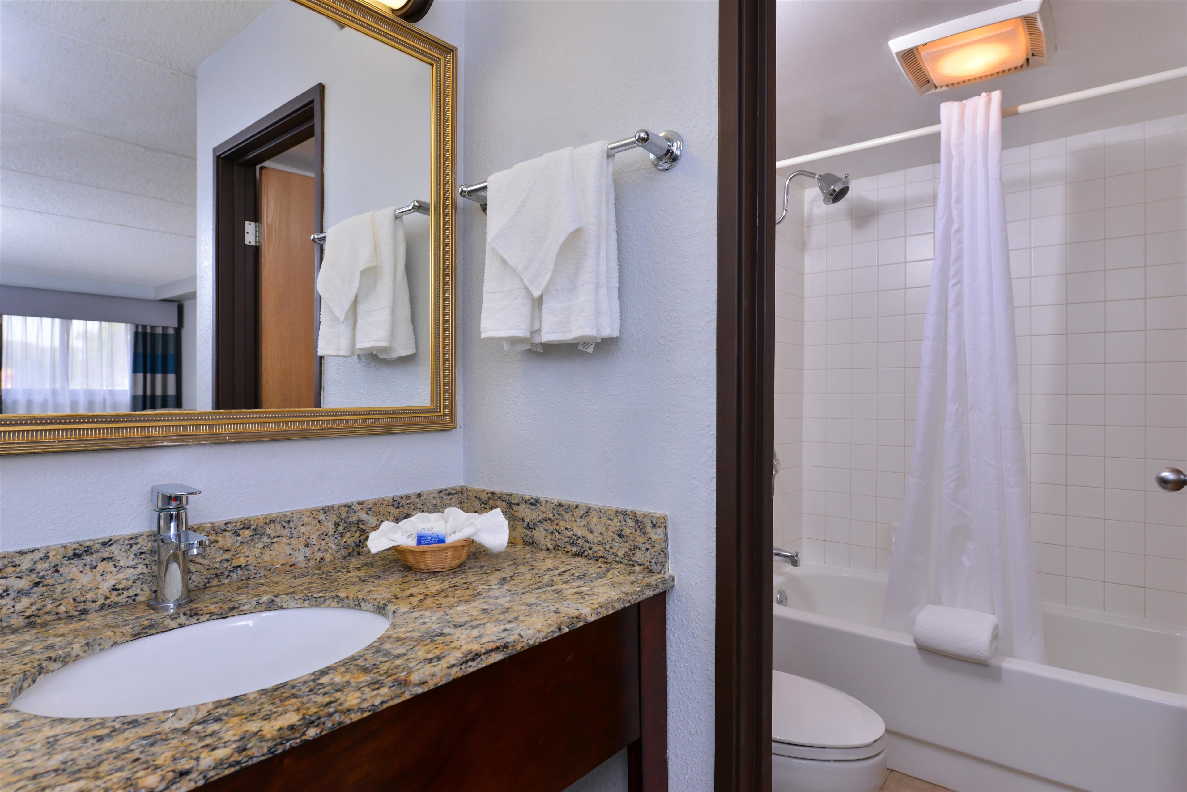 combined shower/bathtub, free toiletries, hair dryer, towels