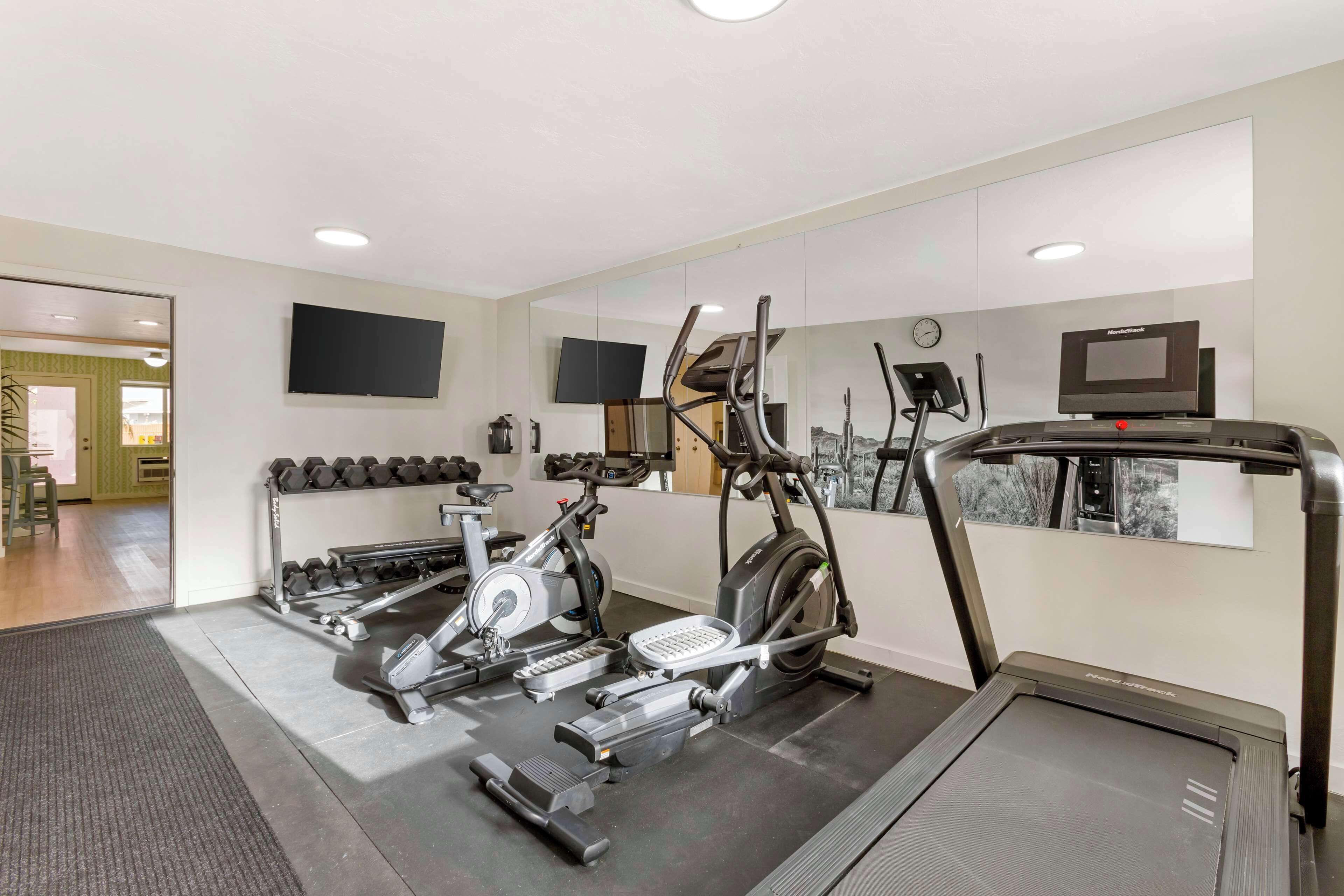 Une salle de sport équipée de machines de cardio, d’haltères et d’un tapis de course.