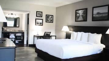 Premium bedding, pillowtop beds, desk, laptop workspace