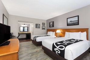 Premium bedding, pillowtop beds, desk, laptop workspace