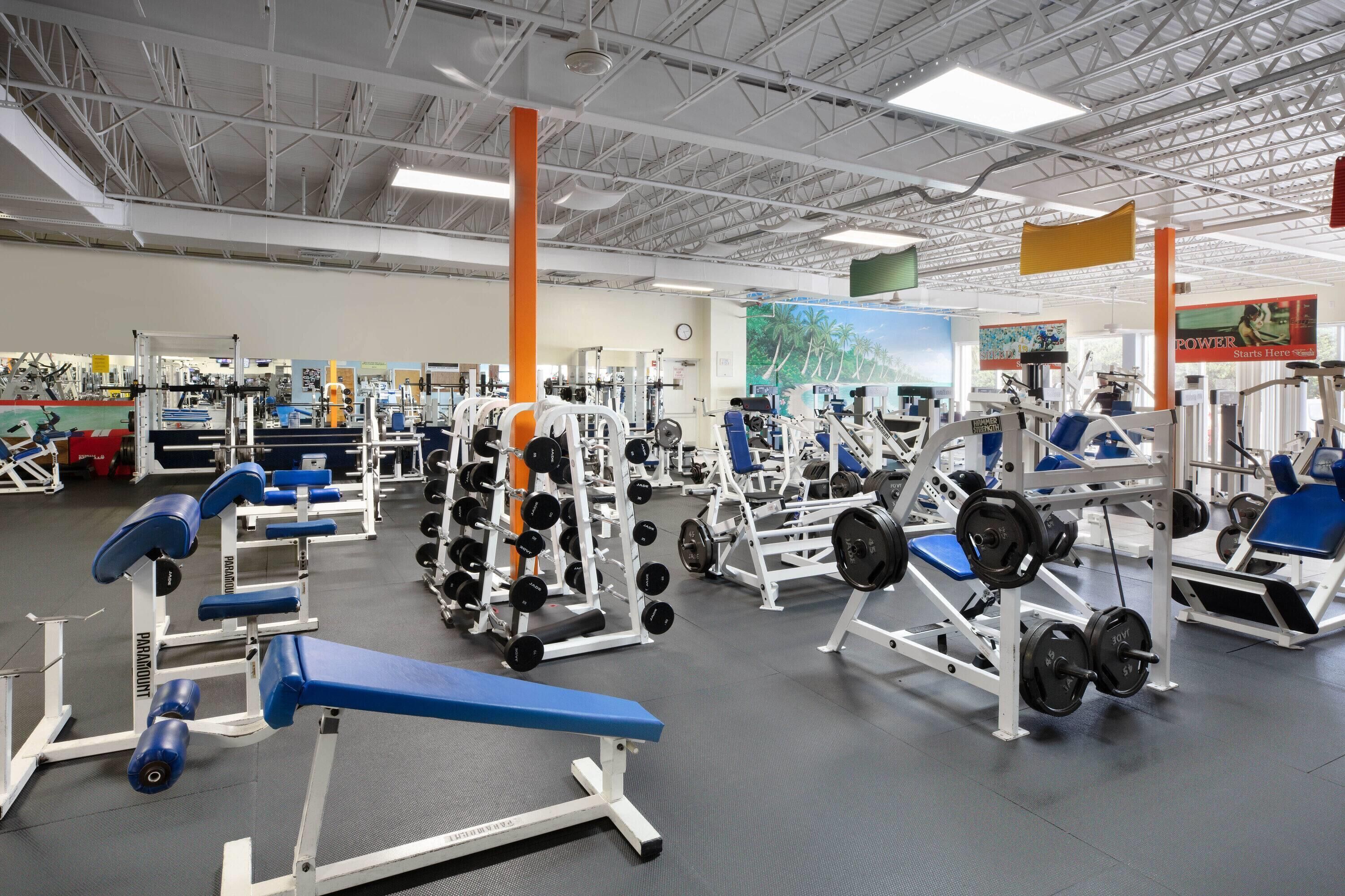 Et fitnesscenter med forskellig træningsudstyr, herunder vægtbænke og squat racks.