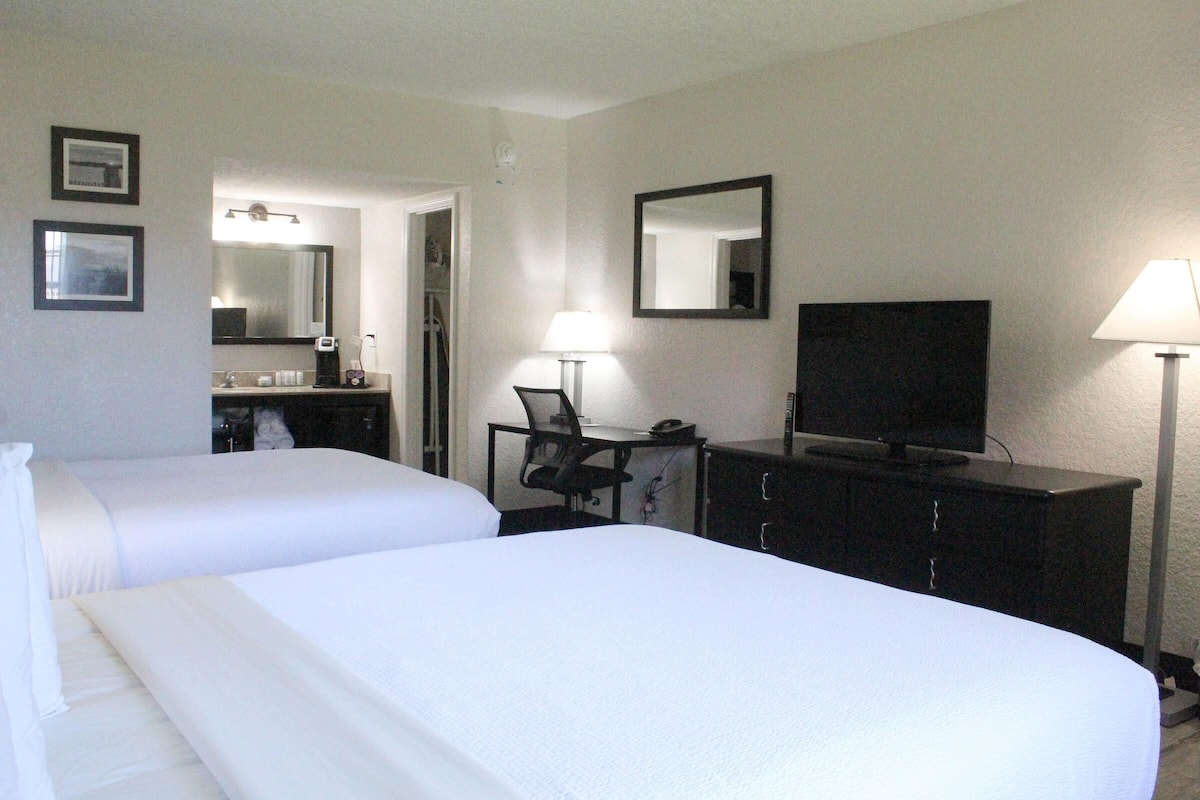 Habitación de hotel con dos camas, un escritorio con silla, televisión, espejo y lámpara.