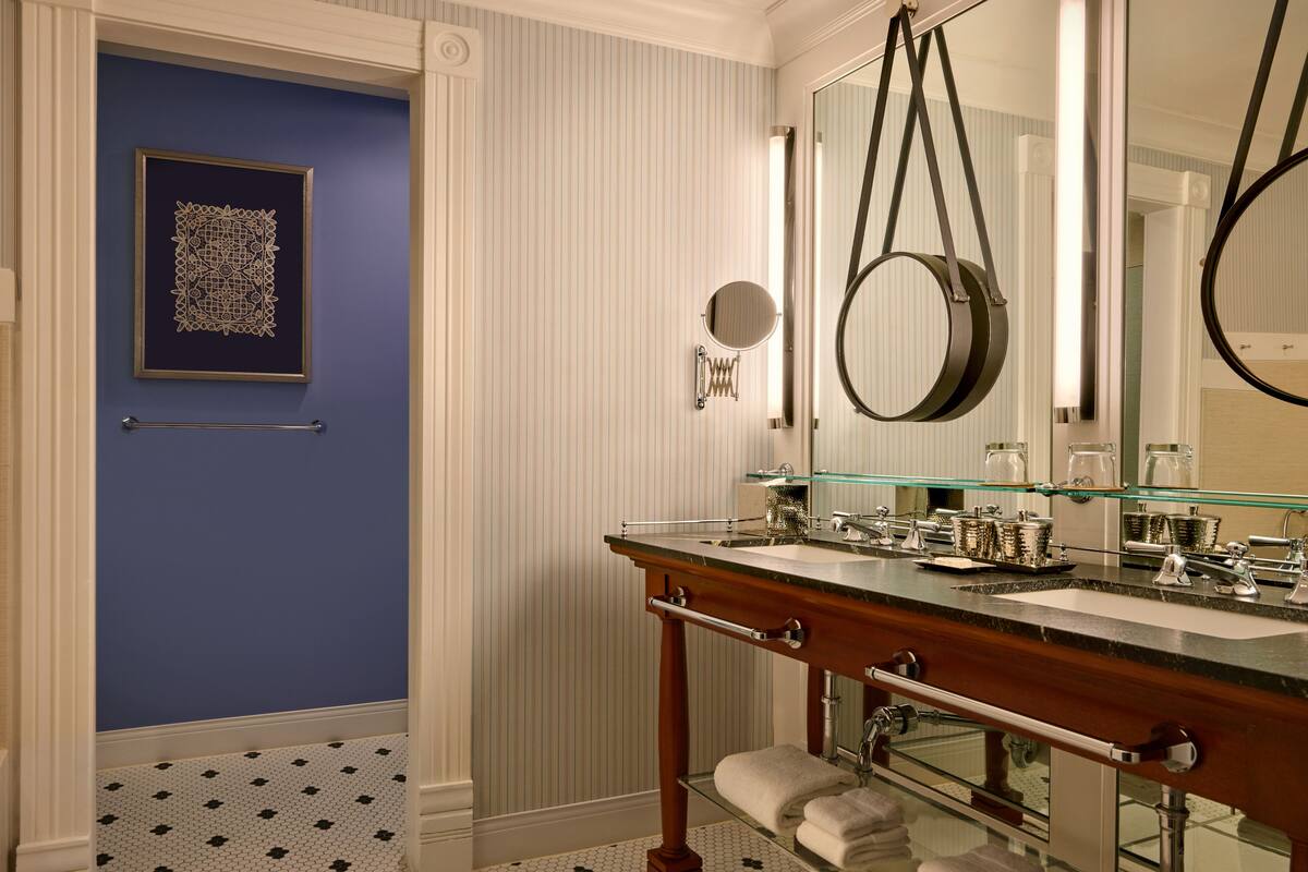 separate bathtub and shower, designer toiletries, hair dryer, bathrobes