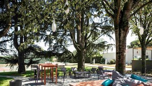 An outdoor seating area with tables and chairs, surrounded by trees. - Novotel Toulouse Purpan Aéroport (Toulouse)