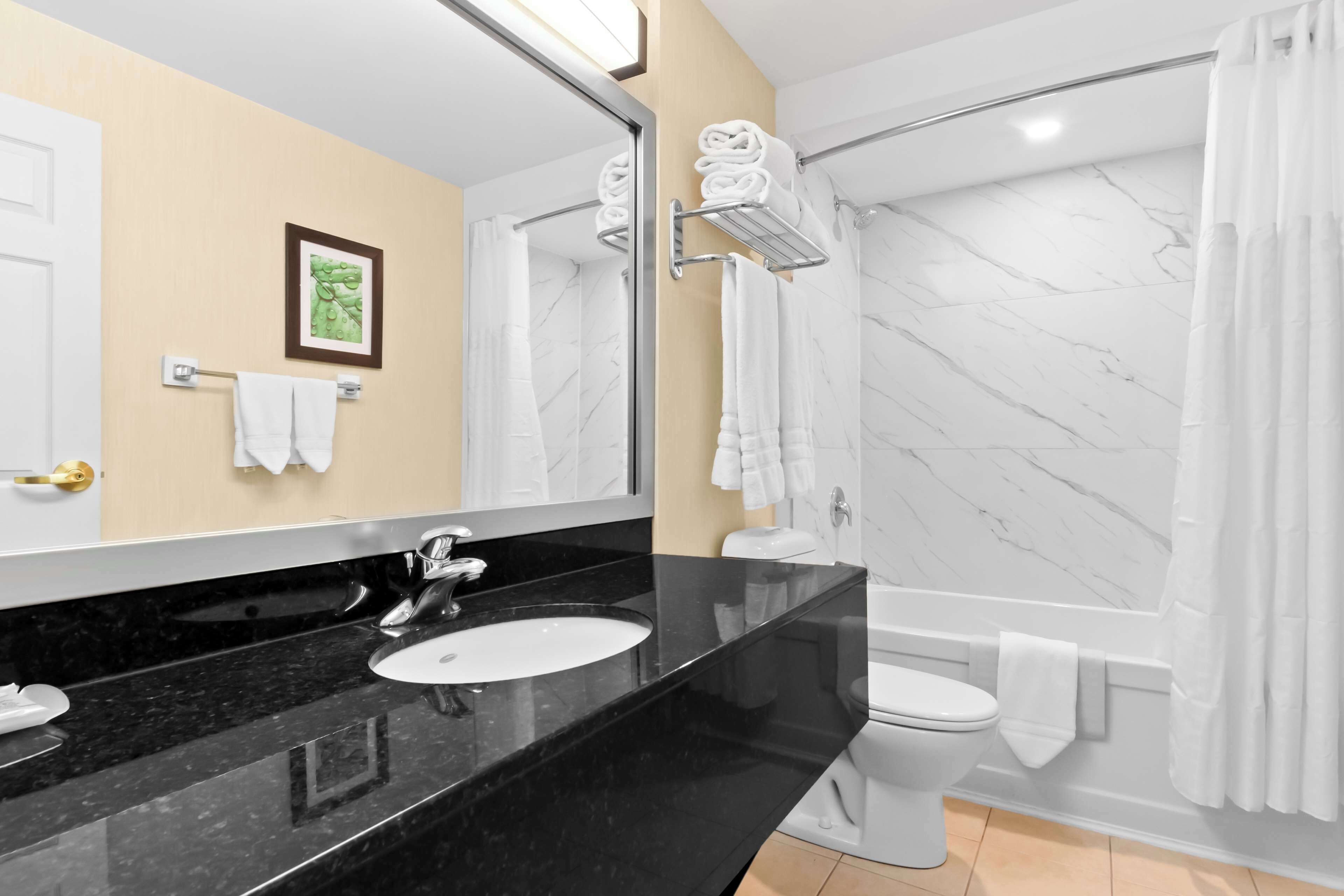 A modern bathroom with a black marble countertop, a white sink, a toilet, and a shower with a marble wall.