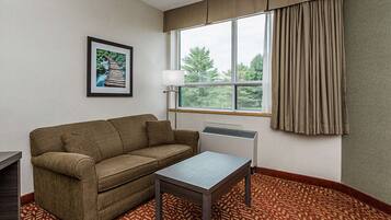 A room with a sofa, a small table, a framed picture on the wall, a window with curtains, and a radiator.