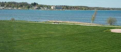 A grassy area with a bench and a path leading to a body of water.
