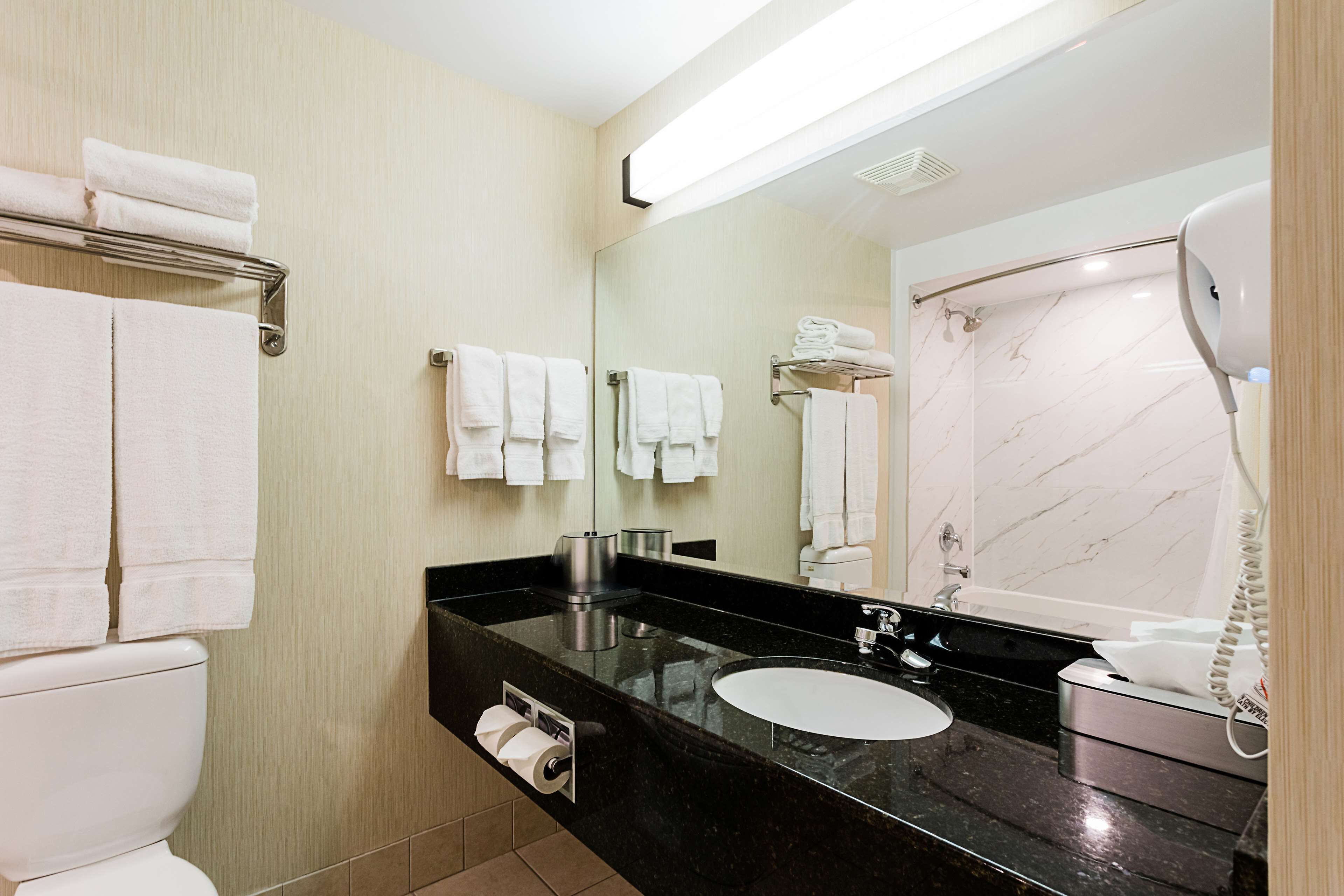 A modern bathroom with a black countertop, white sink, and a large mirror.