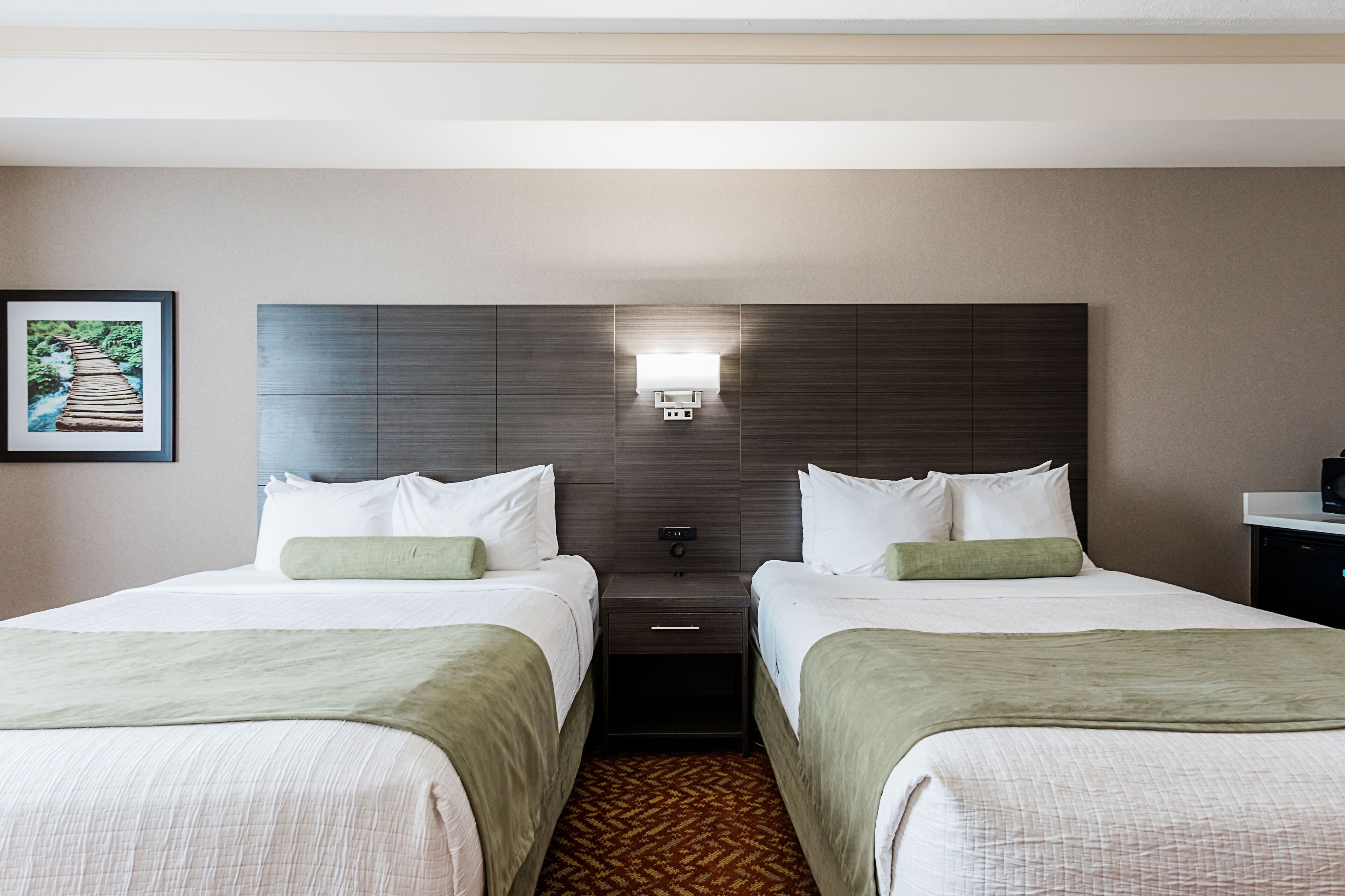 A hotel room with two beds, a nightstand with a lamp, a framed picture on the wall, and a carpeted floor.