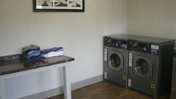 A laundry room with two front-loading washing machines, a marble countertop, and a framed floral artwork on the wall.