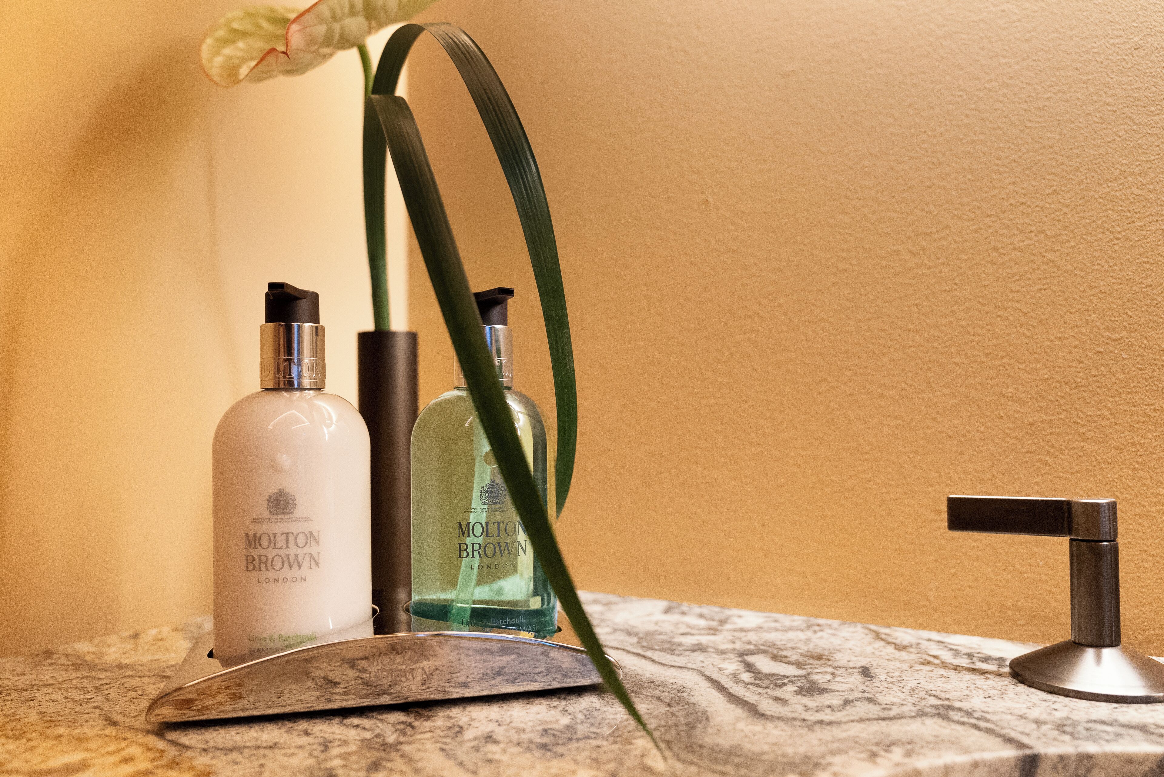 Una encimera de baño con superficie de mármol, una planta verde y dos botellas de jabón líquido Molton Brown London.