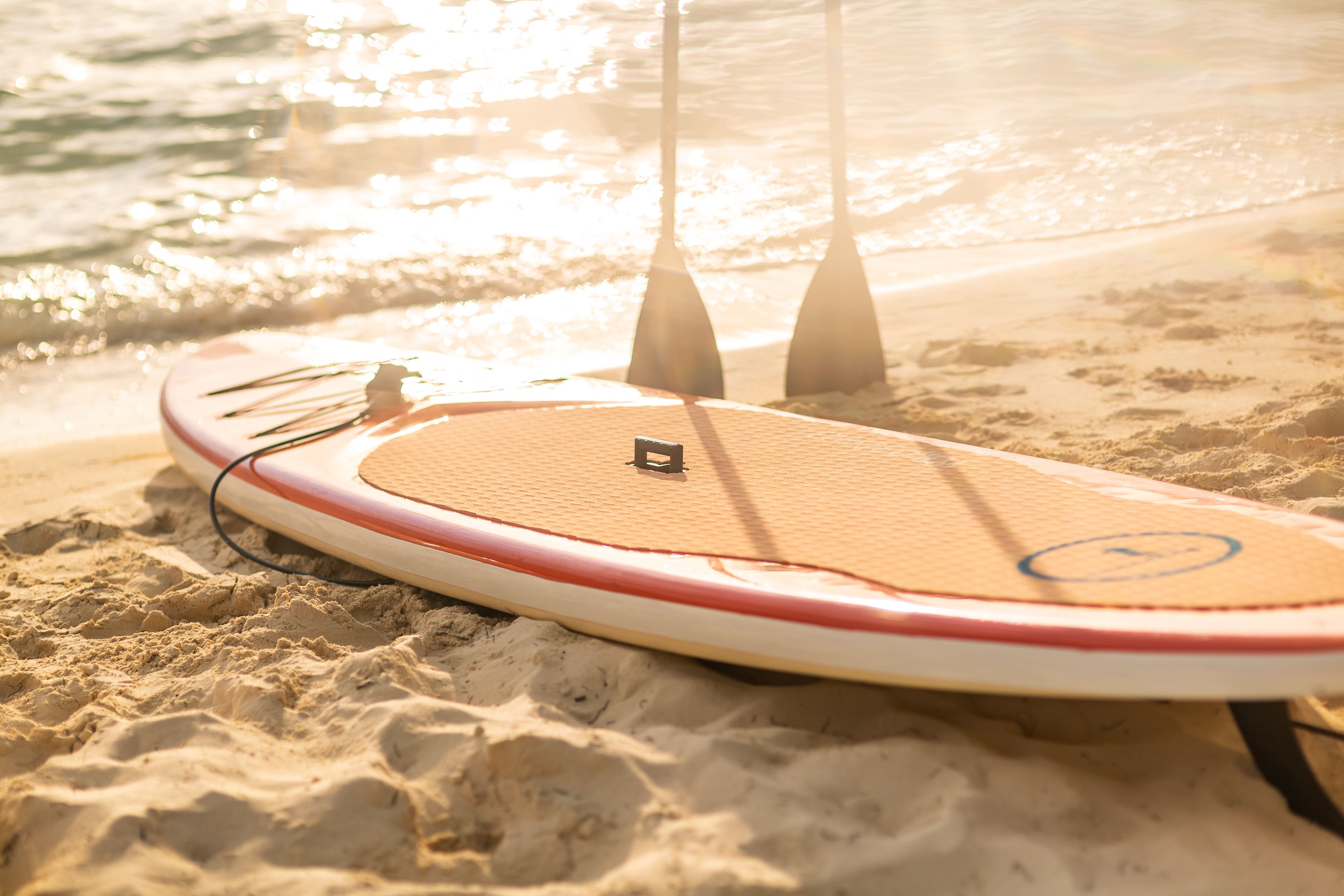 A surfboard on a sandy beach with a clear view of the ocean in the background.