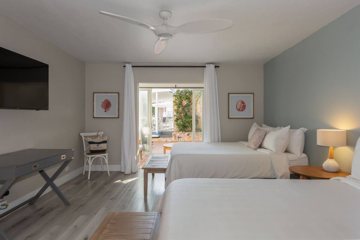 Room, 2 Queen Beds, Garden Area | In-room safe, soundproofing, iron/ironing board (on request), bed sheets