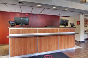 A reception desk with two computer monitors, a cash register, and a telephone.