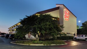 Un hotel Red Roof Inn con un árbol grande en la parte delantera, un estacionamiento con coches y un cielo despejado.