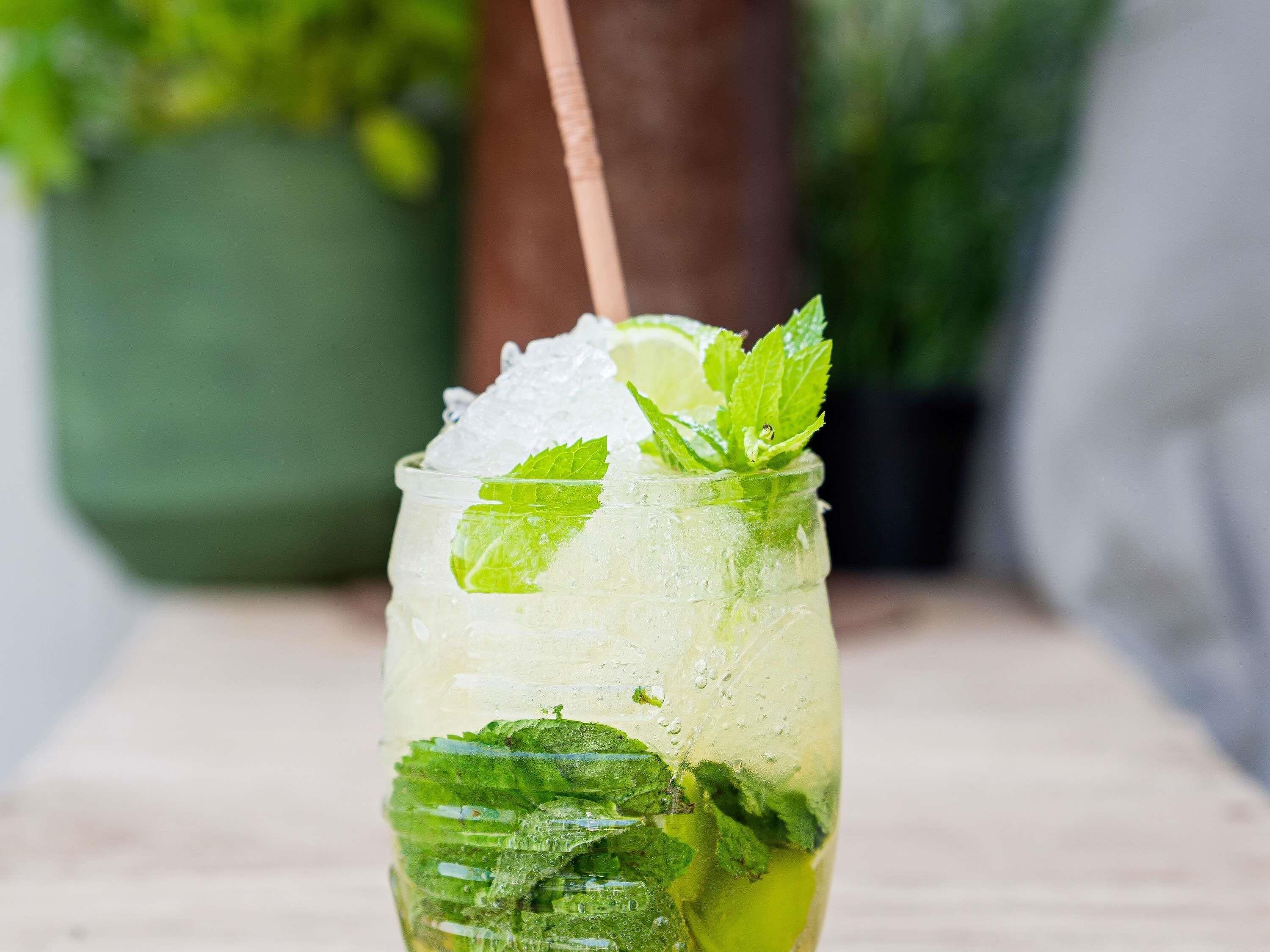 A glass of a beverage with mint leaves and ice cubes.
