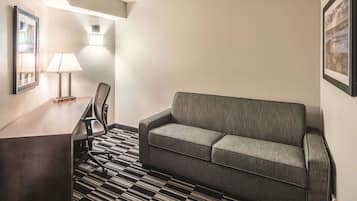 Habitación de hotel con sofá, escritorio, silla y alfombra estampada.