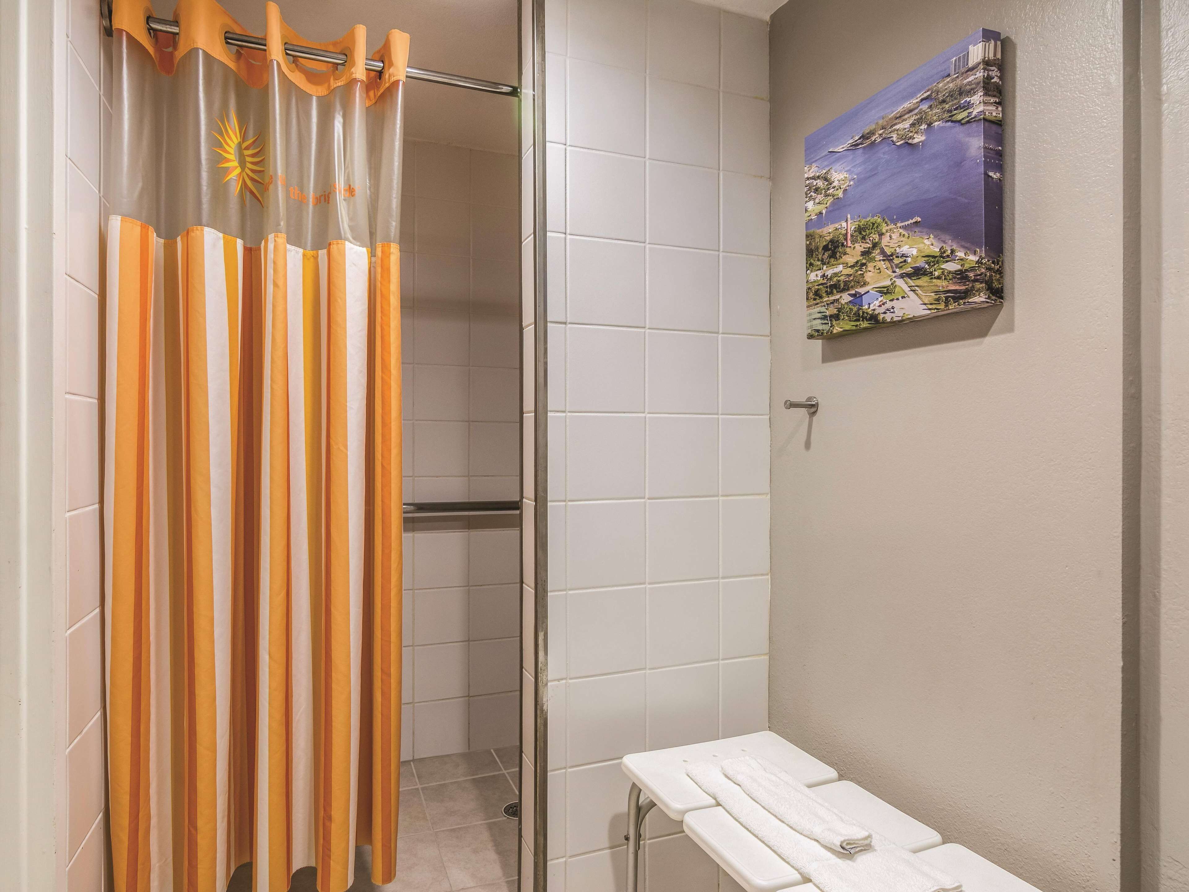 Ein Badezimmer mit Duschvorhang, Handtuchhalter und einem Bild an der Wand.
