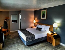 Una habitación de hotel con una cama grande, dos lámparas de noche, una mesita de madera, una silla y un cuadro en la pared.
